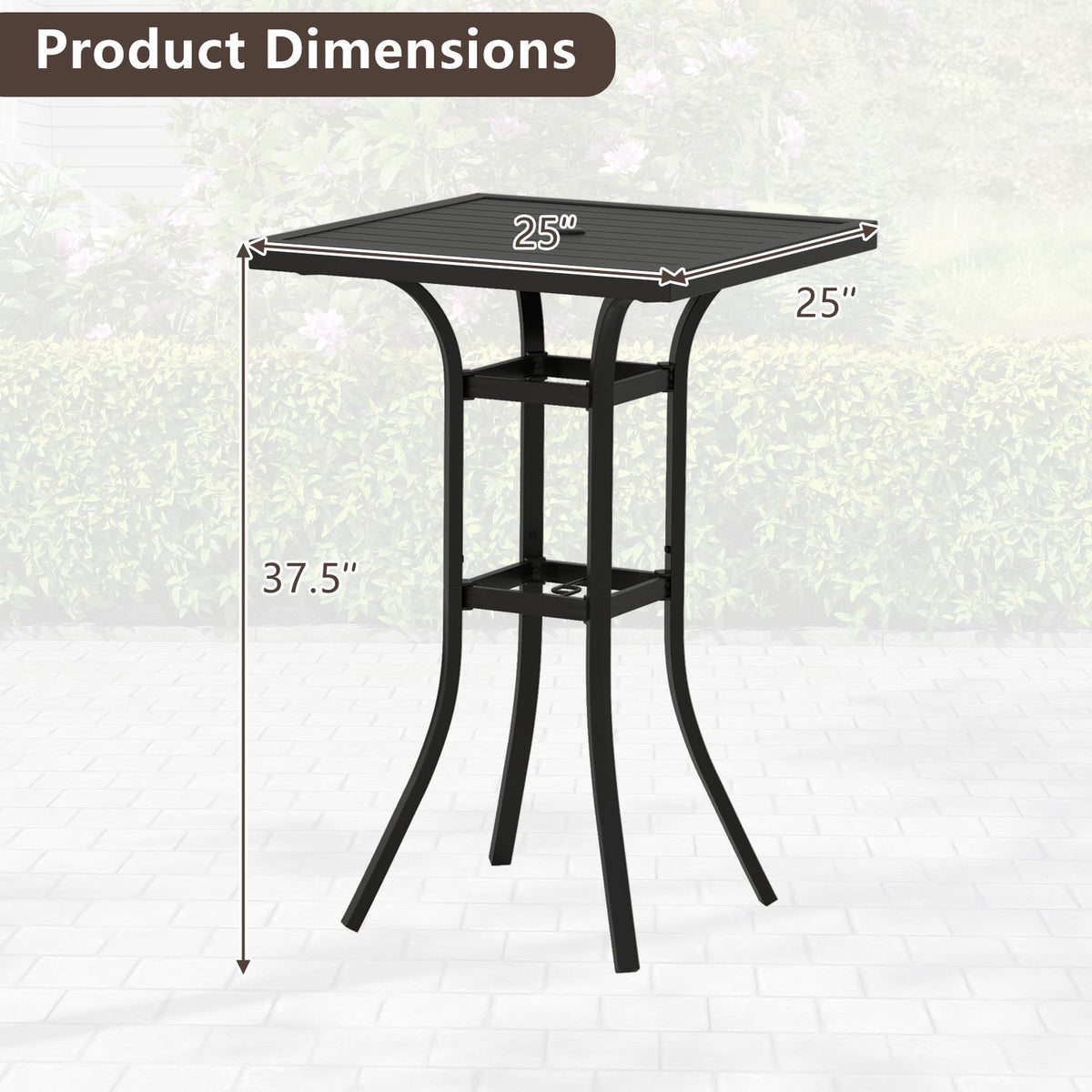 25" Square Patio Dining Table with 1.57" Umbrella Hole Metal Frame for Patio-Black