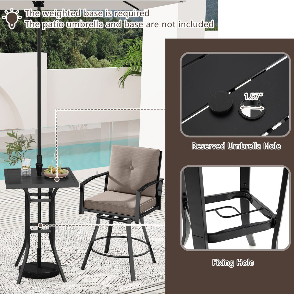 25" Square Patio Dining Table with 1.57" Umbrella Hole Metal Frame for Patio-Black