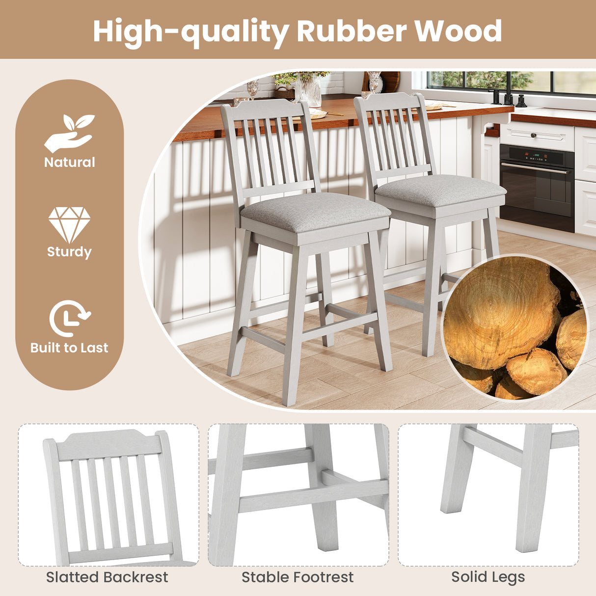 25 inch Modern Bar Stools Set of 2 with Upholstered Swivel Seat-Gray