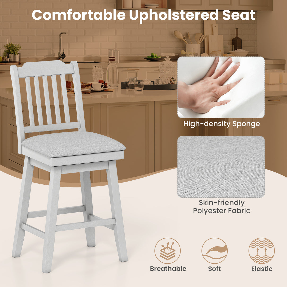 25 inch Modern Bar Stools Set of 2 with Upholstered Swivel Seat-Gray