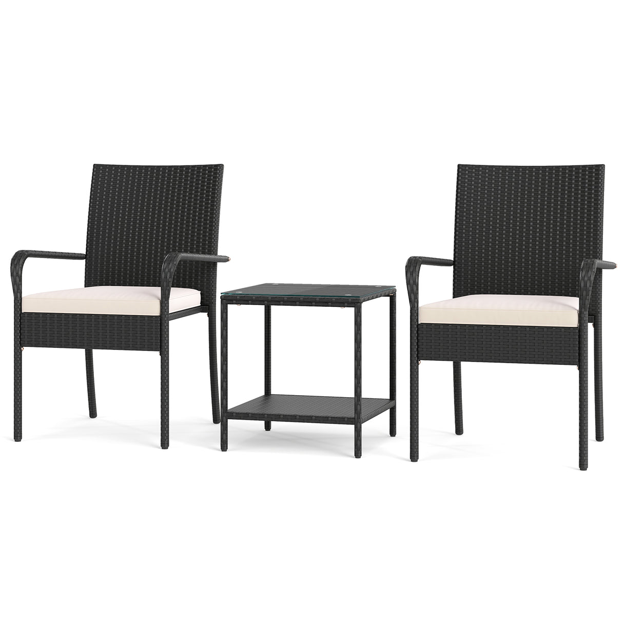 3 Piece Patio Furniture Set with Seat Cushions and Tempered Glass Tabletop