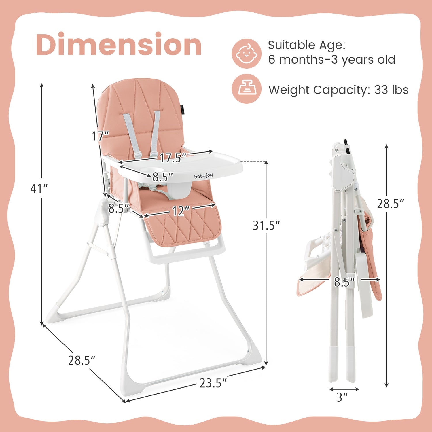 Easy Clean Compact Highchair with Removable Adjustable Tray and PU Seat Cushion