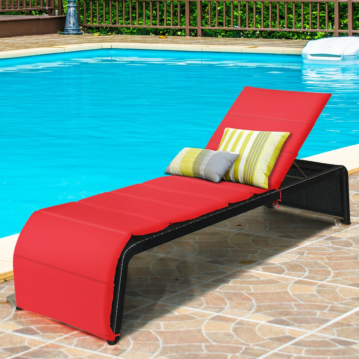 Patio Rattan Lounge Chair Back Adjustable Chaise Recliner with Cushioned