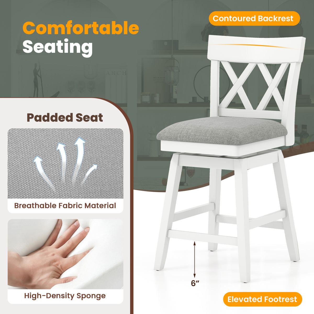 Bar Stool with Contoured Backrest and Swivel Padded Seat