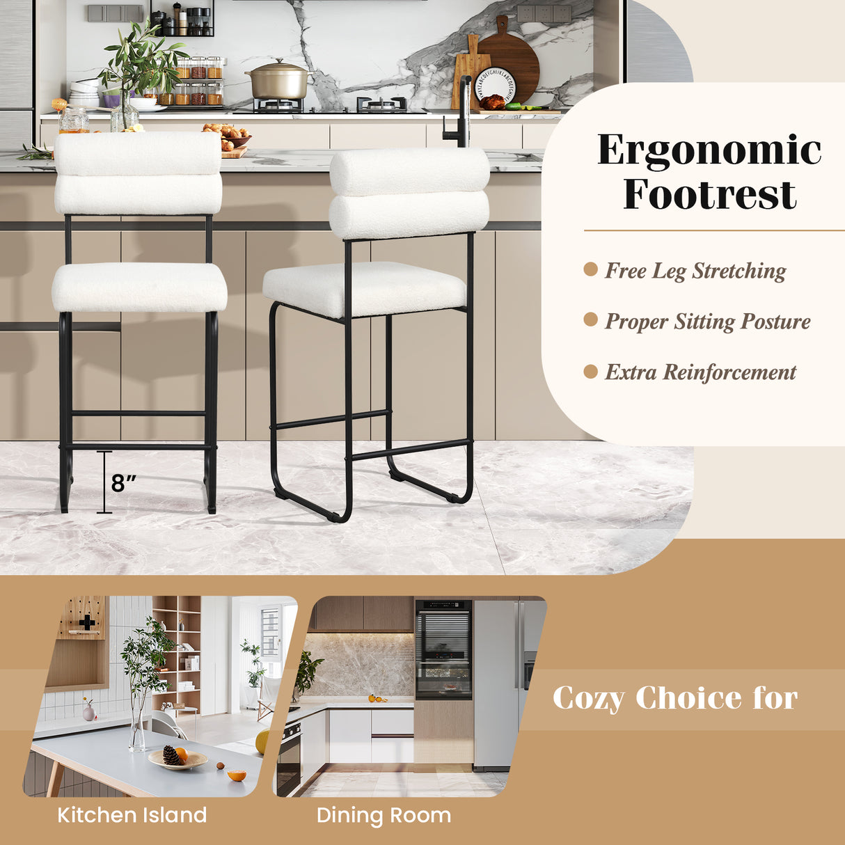 26 Inch Counter Height Bar Stools Set of 2 with Metal Frame and Footrest