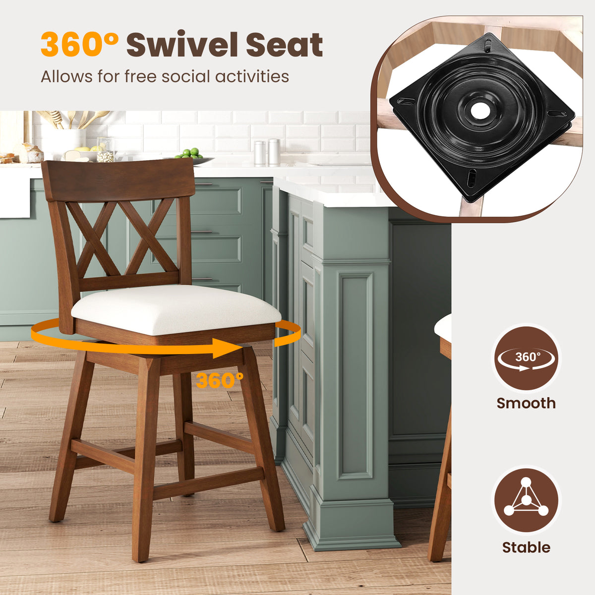 Bar Stool with Contoured Backrest and Swivel Padded Seat