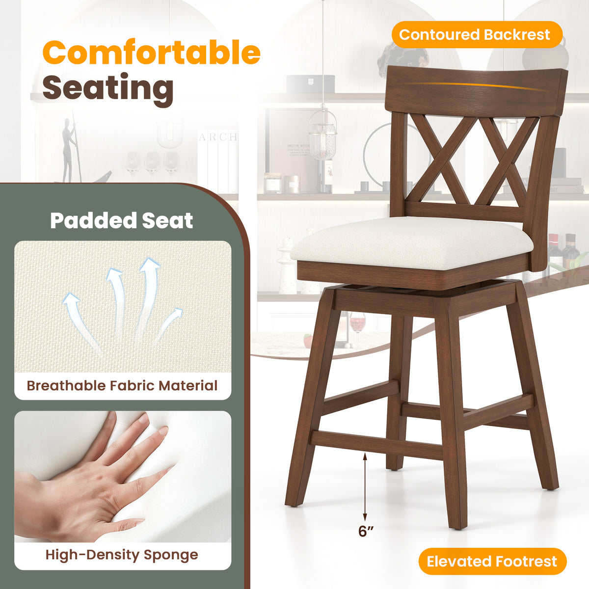 Bar Stool with Contoured Backrest and Swivel Padded Seat
