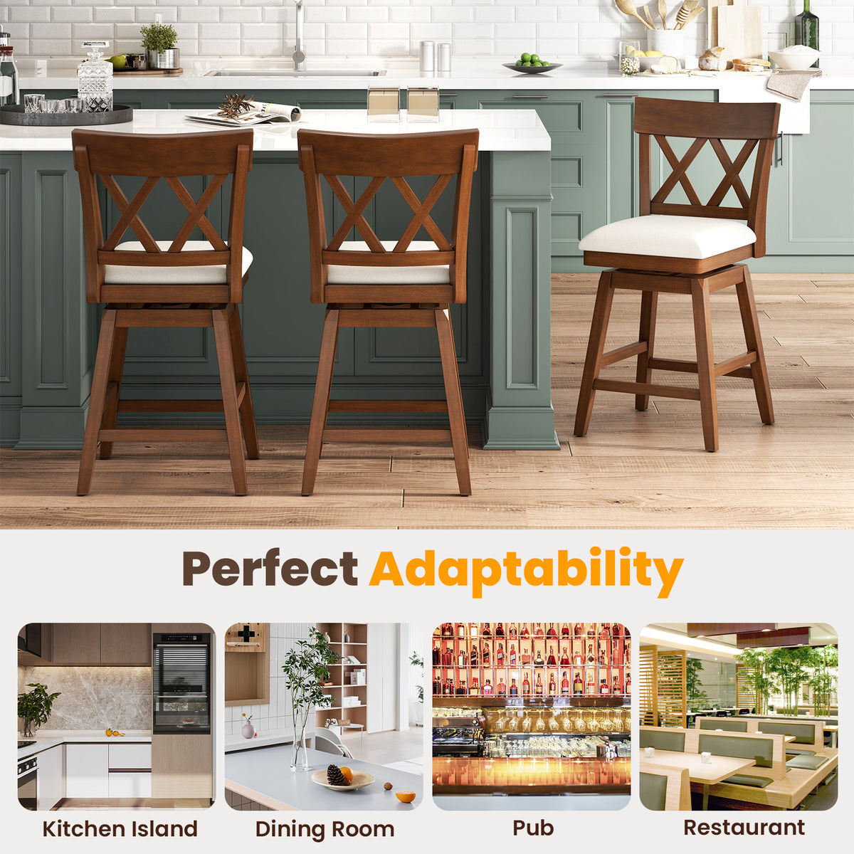 Bar Stool with Contoured Backrest and Swivel Padded Seat