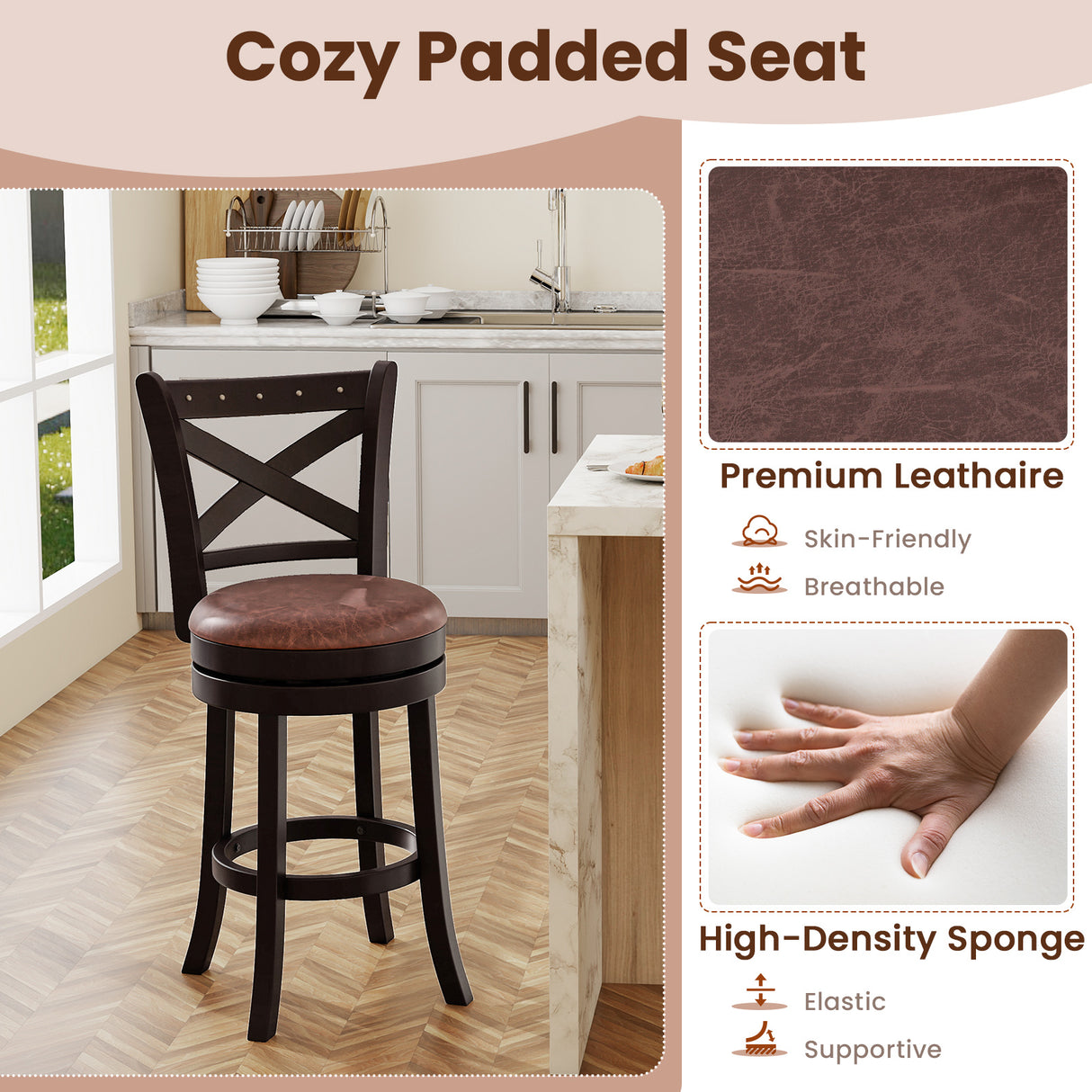26/30 Inch Swivel Bar Stools Set of 2 Bar Chairs with Padded Seat