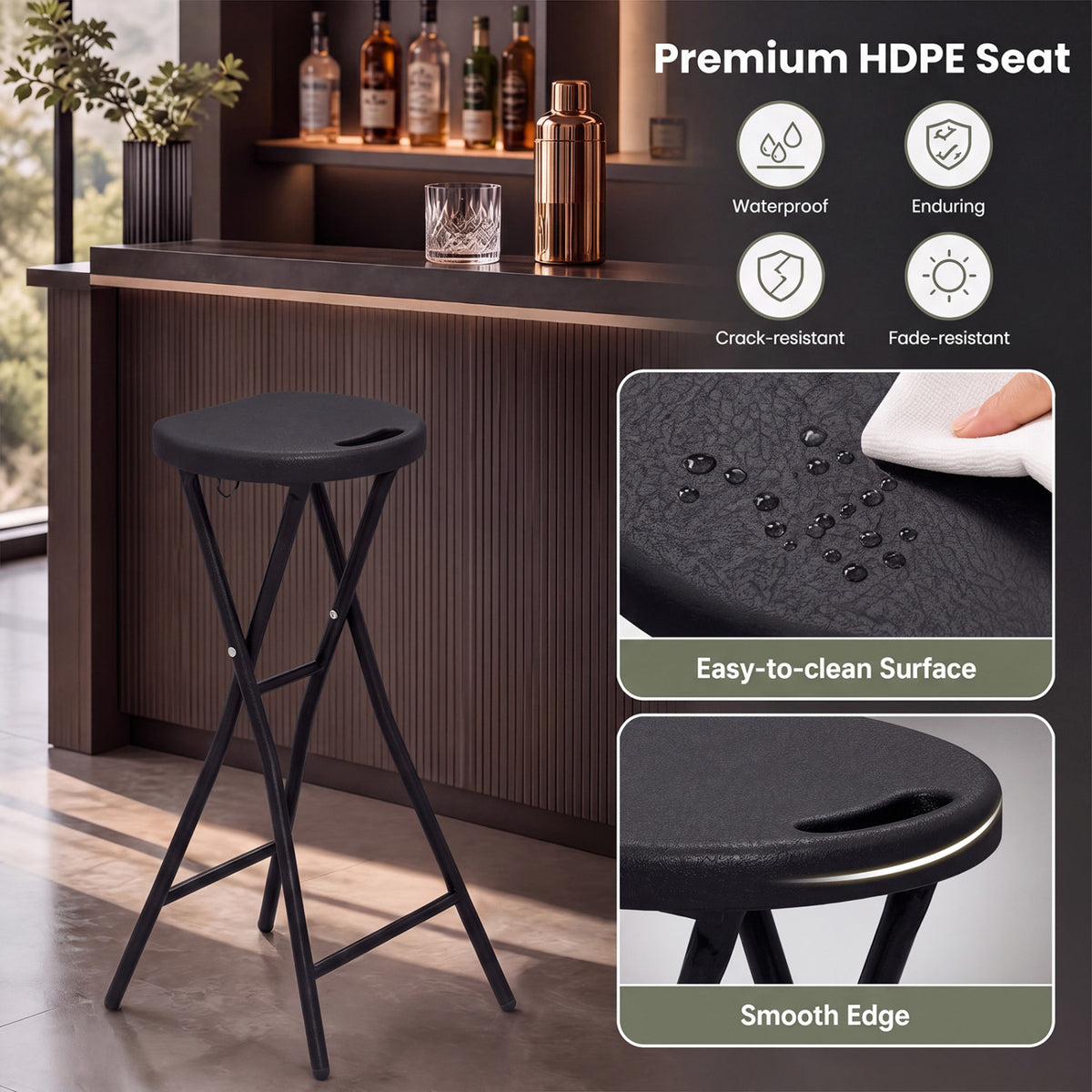 27.5" Folding Bar Stool with HDPE Seat & Carry Handle for Kitchen Bar Fishing-Black