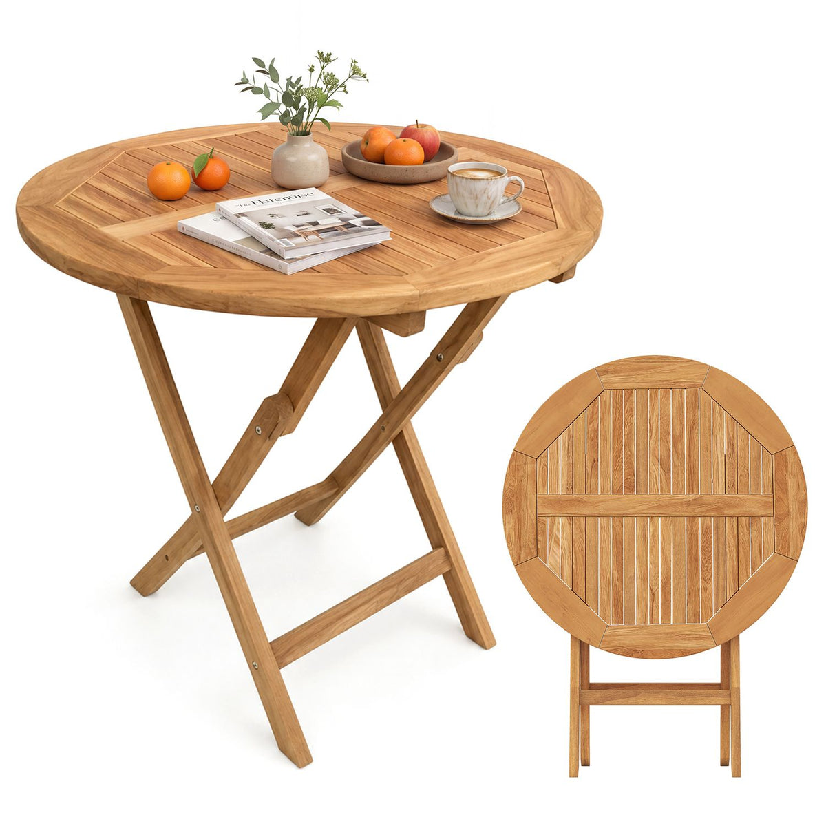 27.5" Outdoor Folding Dining Table for 4 with Slatted Tabletop and Reinforced Crossbars