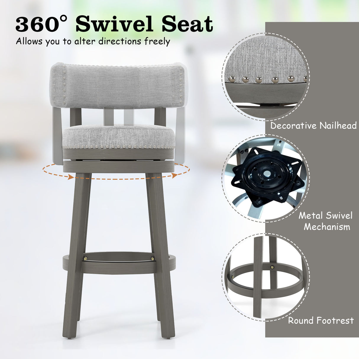 27/31 Inch Swivel Bar Stool with Upholstered Back Seat and Footrest-27 inches