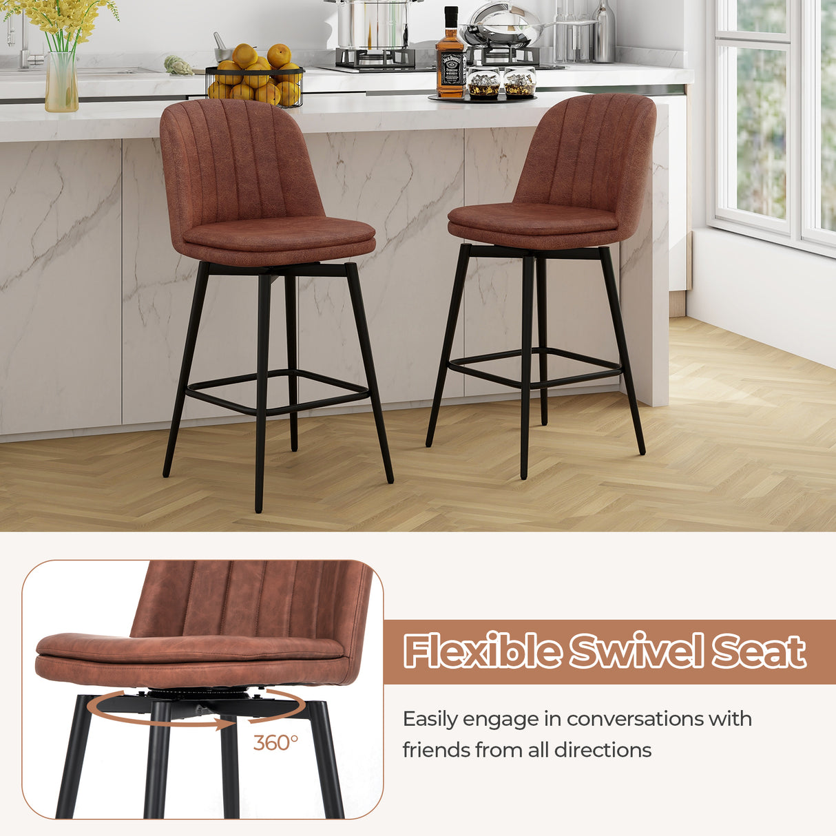 27 Inch Swivel Bar Stool Set of 2 Counter Height Chair with Padded Seat-Black and Brown