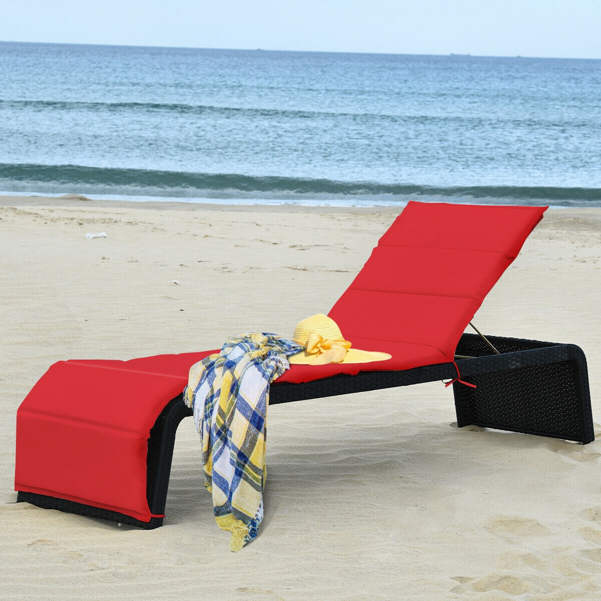 Patio Rattan Lounge Chair Back Adjustable Chaise Recliner with Cushioned