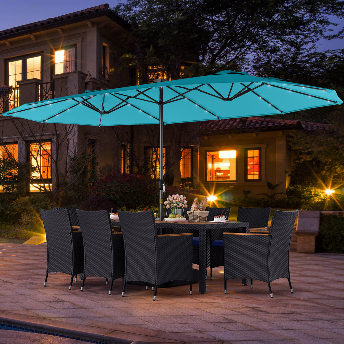 11 Pieces Patio Dining Set with LED Patio Umbrella with Base and Seat Cushions (Navy)