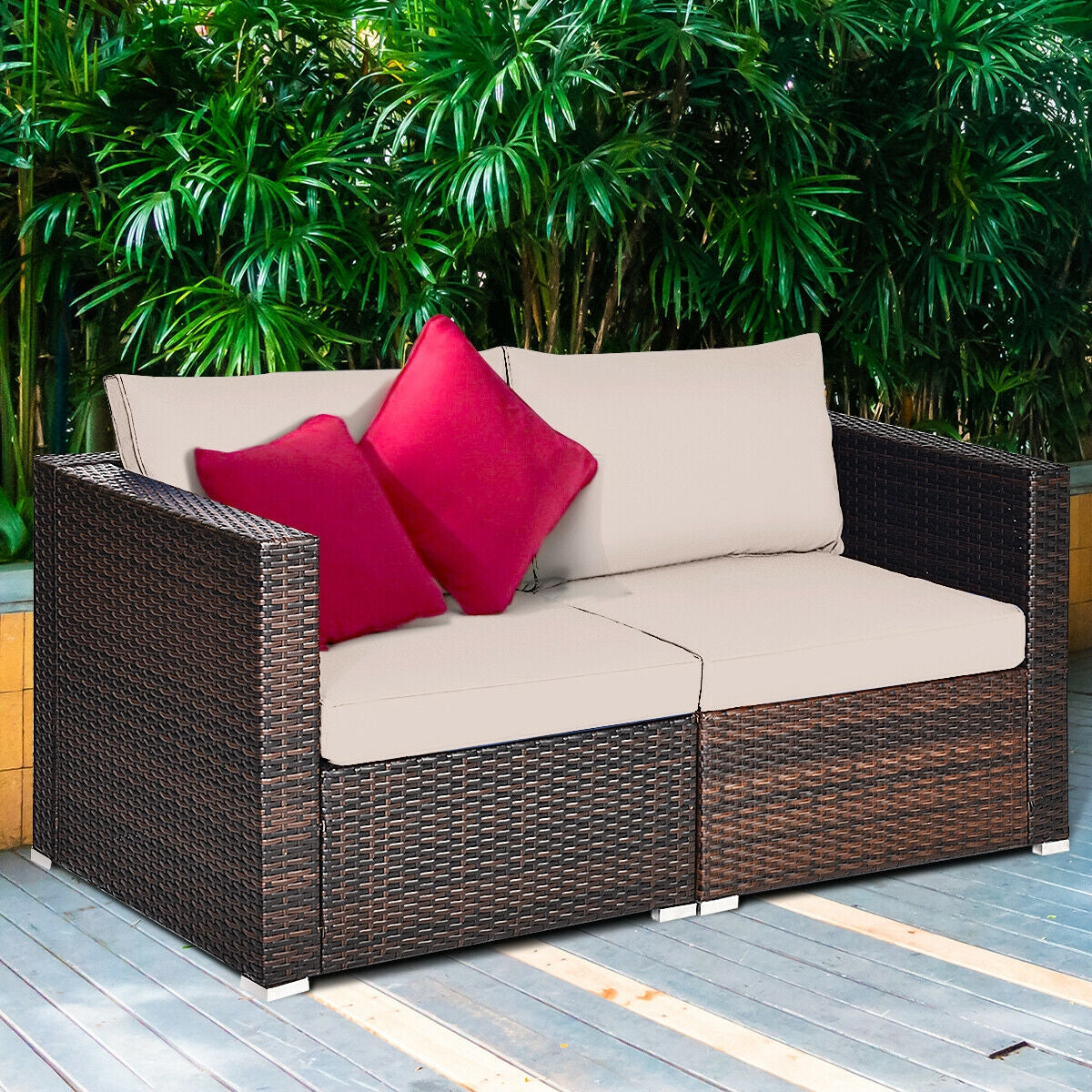 2PCS Patio Rattan Sectional Conversation Sofa Set