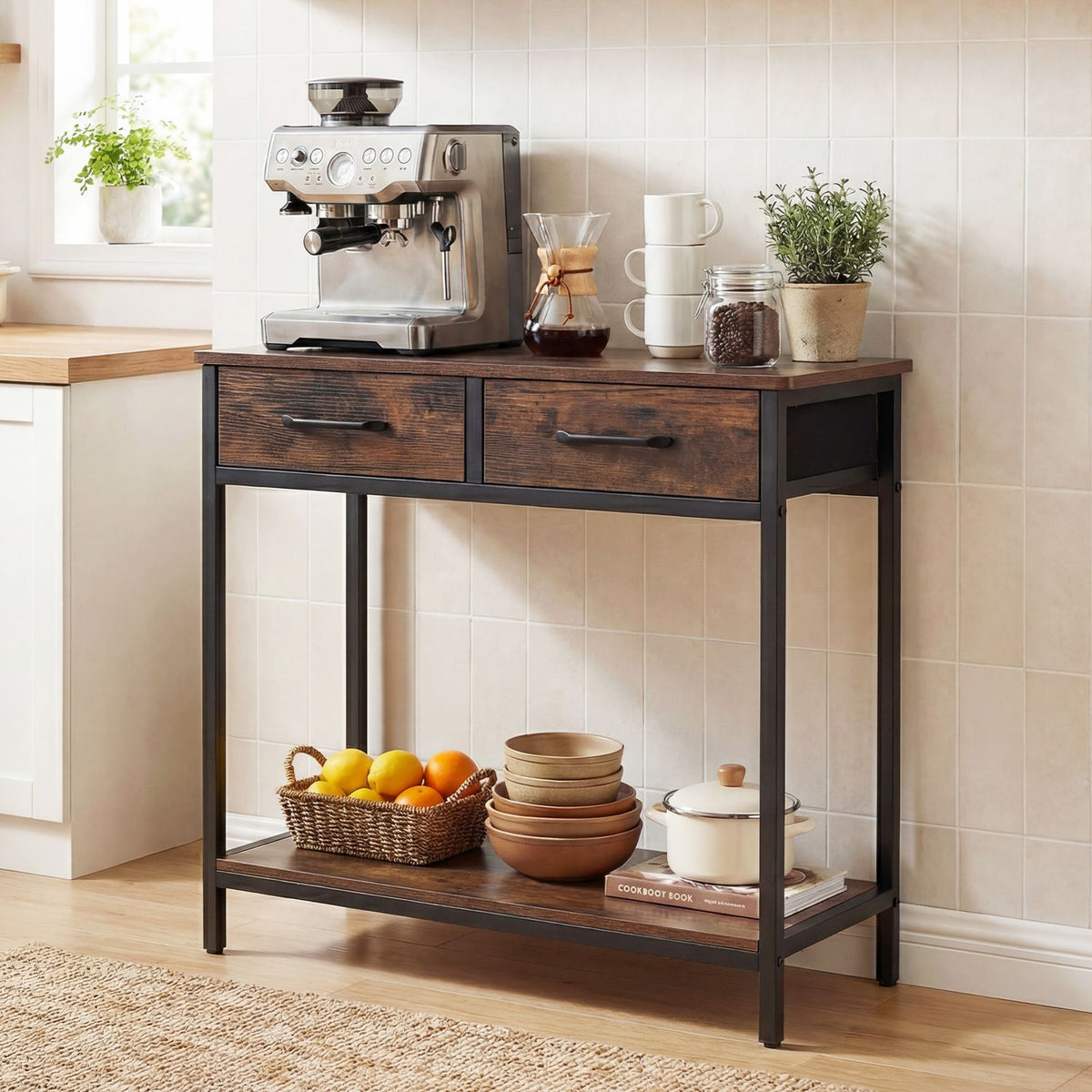 29.5â Narrow Console Table with 2 Fabric Drawers and Open Compartment