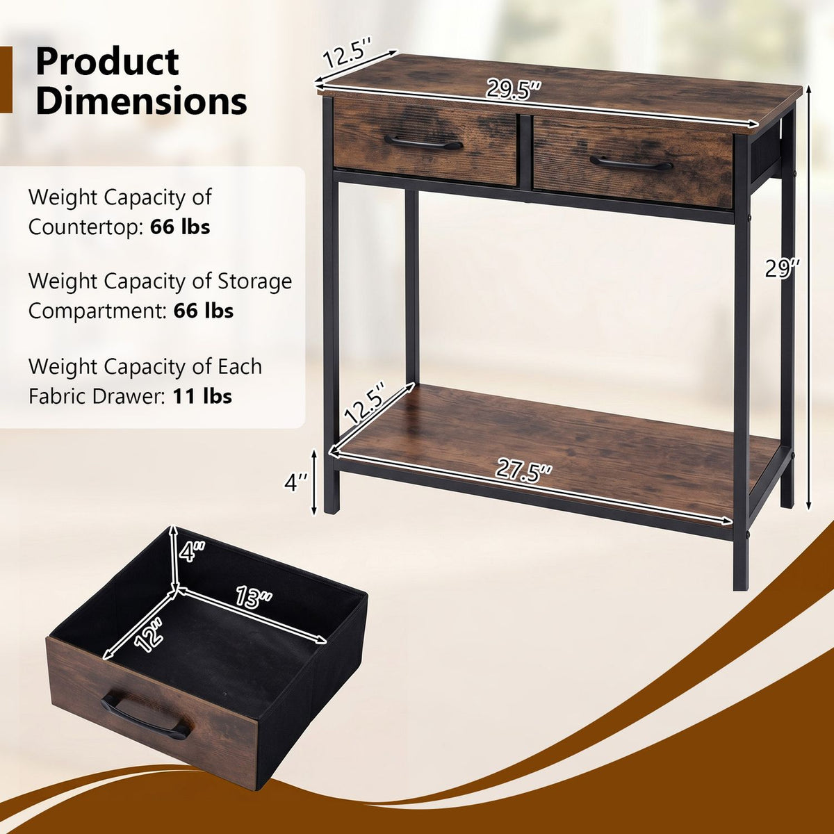 29.5â Narrow Console Table with 2 Fabric Drawers and Open Compartment