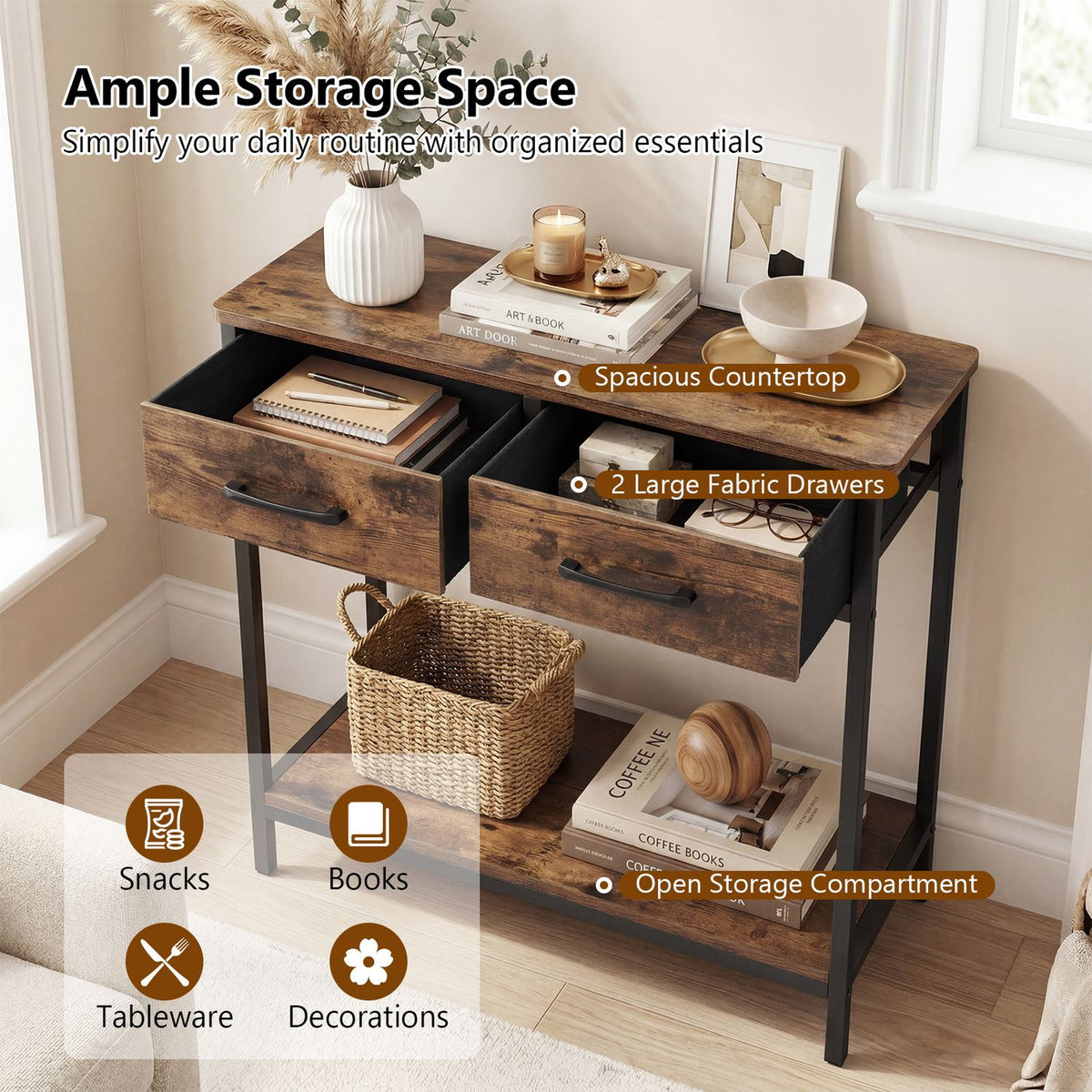 29.5â Narrow Console Table with 2 Fabric Drawers and Open Compartment