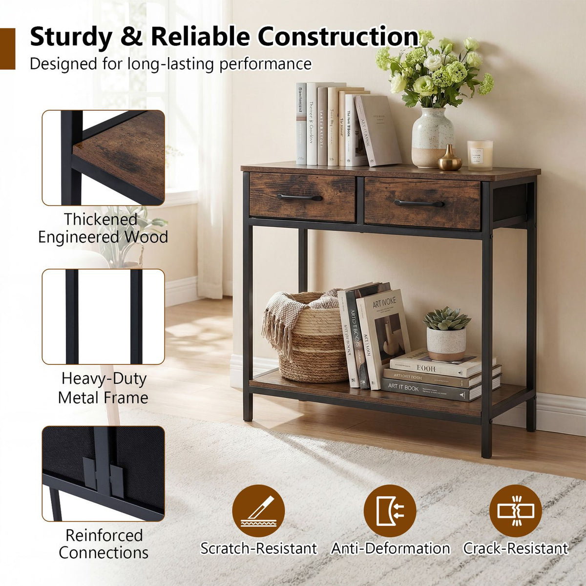 29.5â Narrow Console Table with 2 Fabric Drawers and Open Compartment