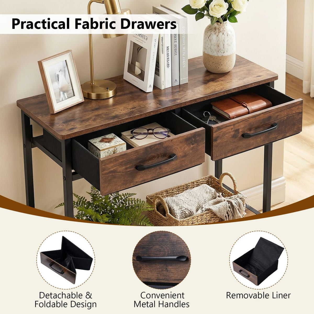 29.5â Narrow Console Table with 2 Fabric Drawers and Open Compartment