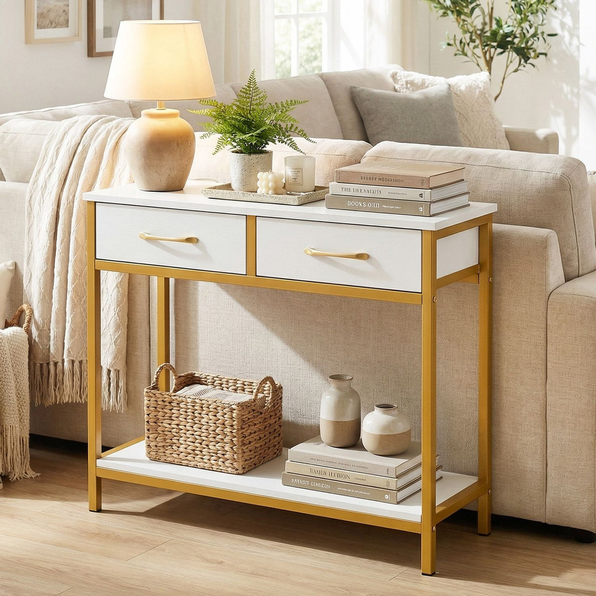 29.5â Narrow Console Table with 2 Fabric Drawers and Open Compartment