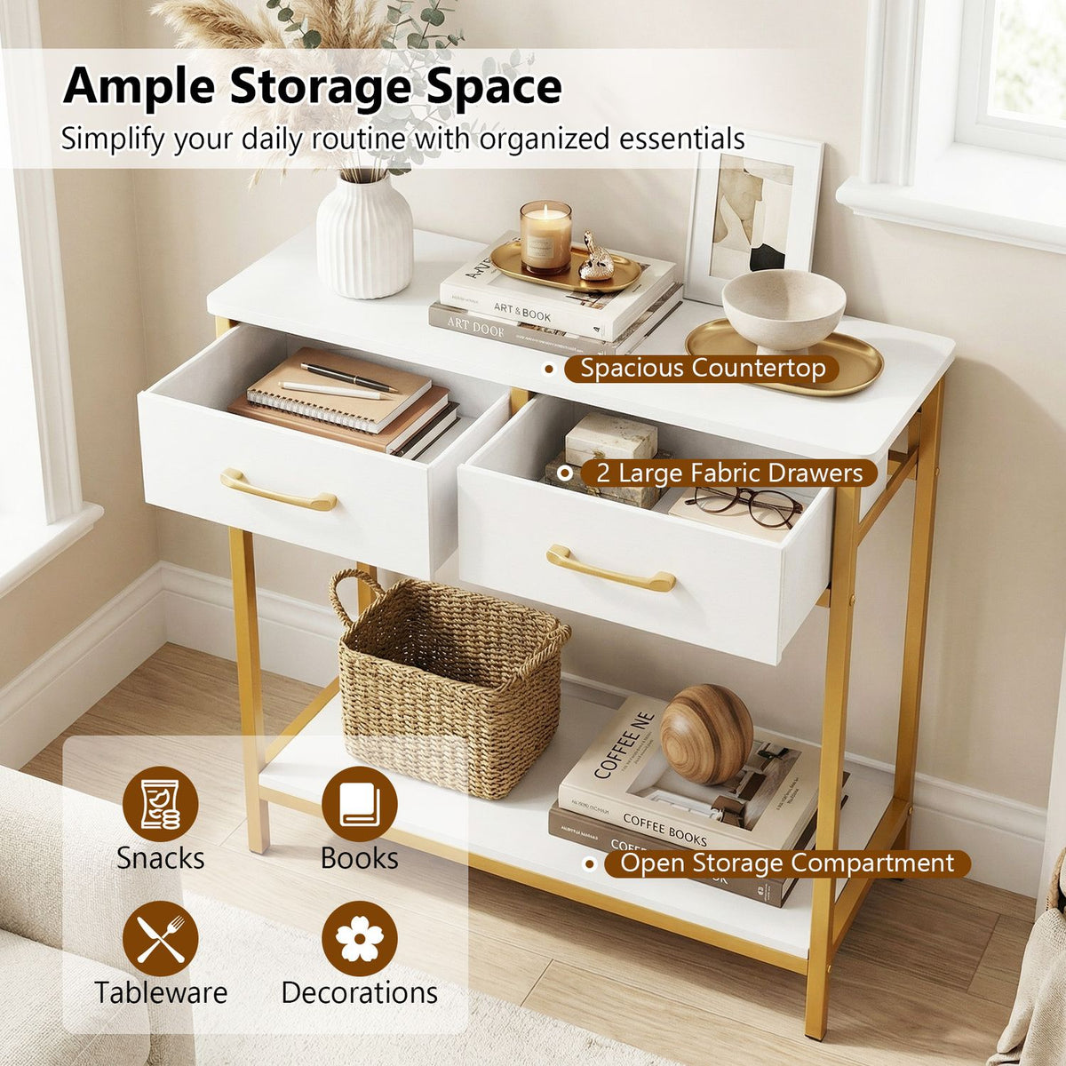 29.5â Narrow Console Table with 2 Fabric Drawers and Open Compartment