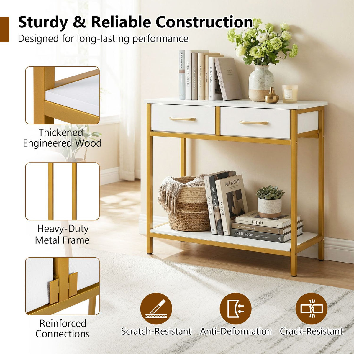 29.5â Narrow Console Table with 2 Fabric Drawers and Open Compartment