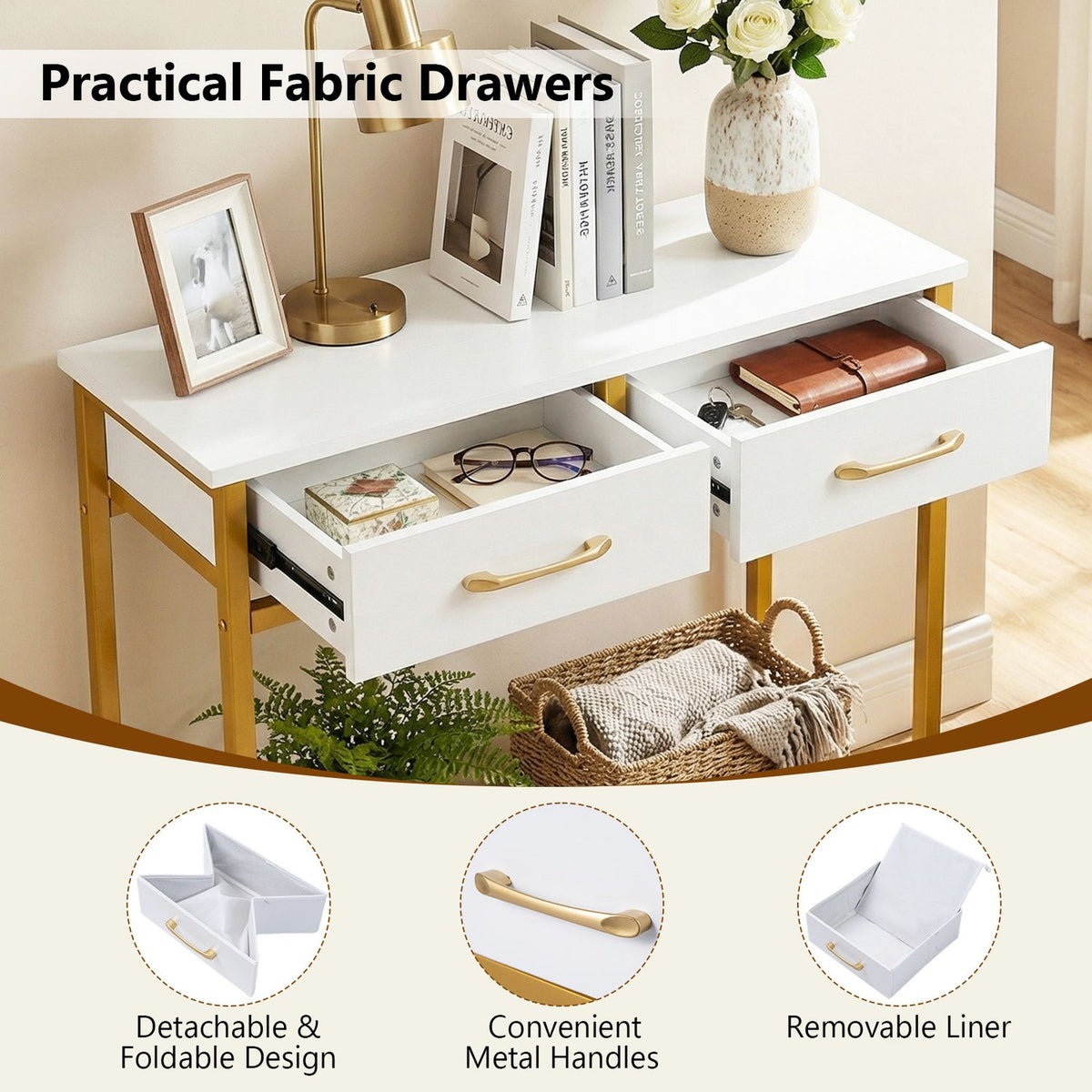 29.5â Narrow Console Table with 2 Fabric Drawers and Open Compartment