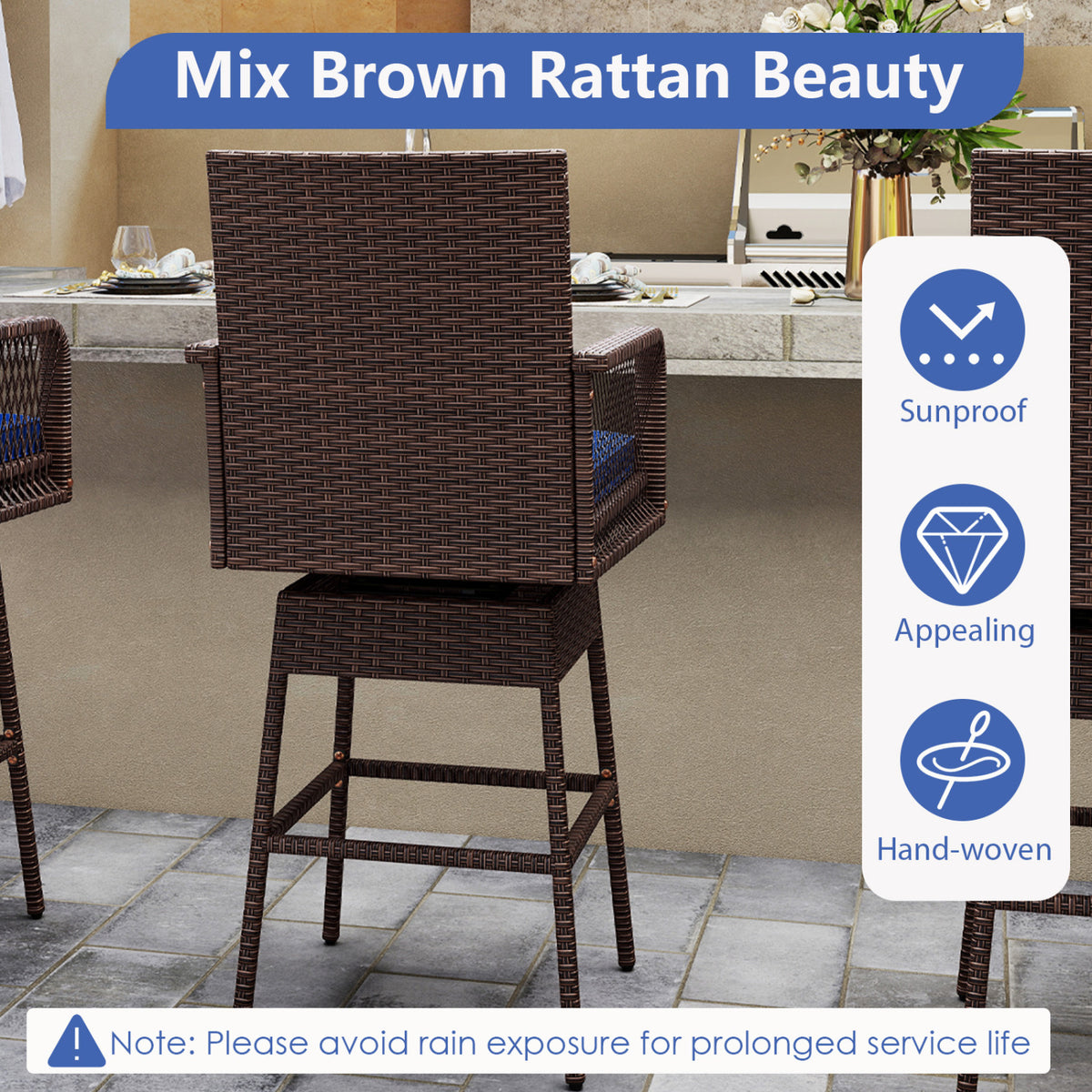 29â Bar Height Patio 360° Swivel Bar Stool with Cross-Woven Armrests Footrest and Seat Cushion