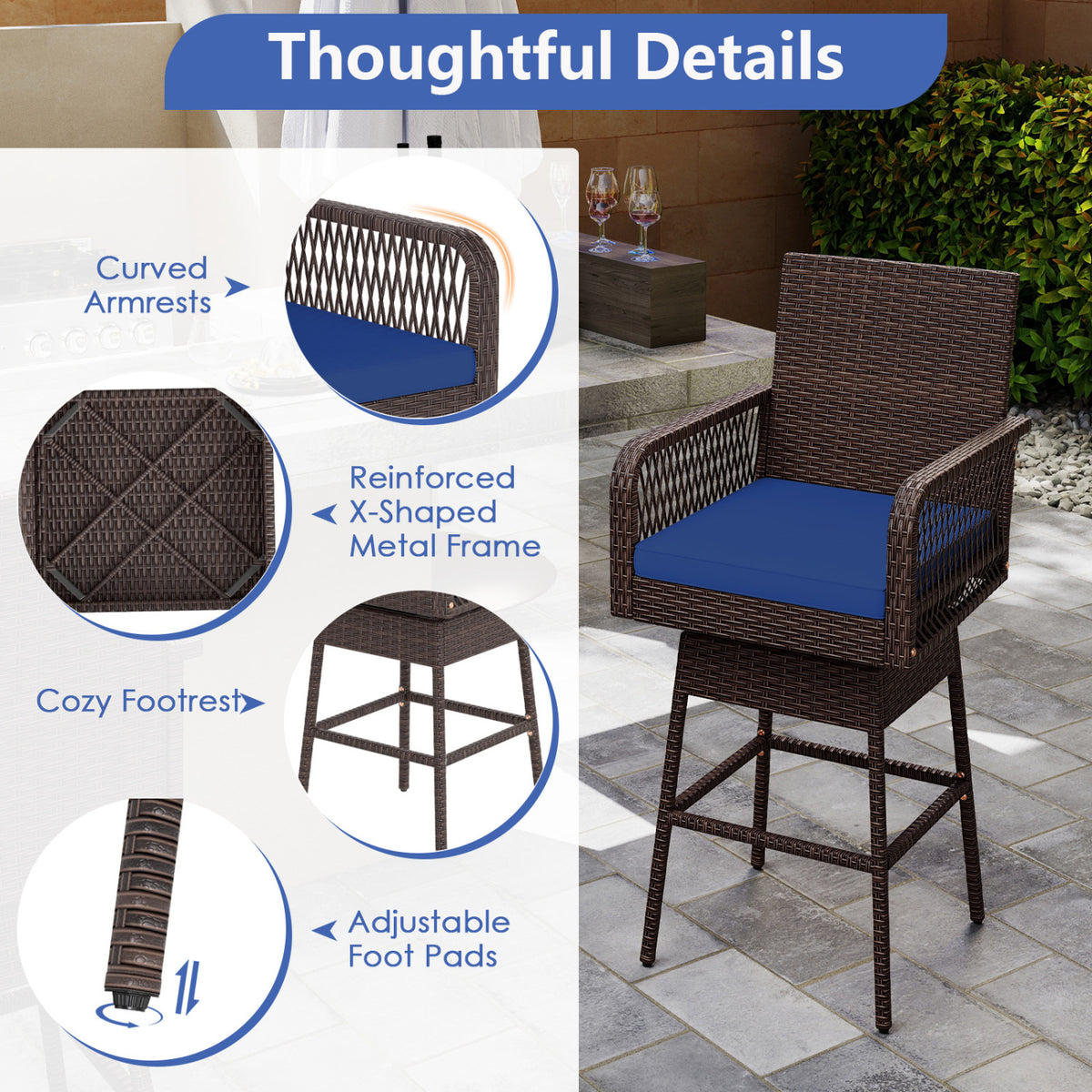29â Bar Height Patio 360° Swivel Bar Stool with Cross-Woven Armrests Footrest and Seat Cushion