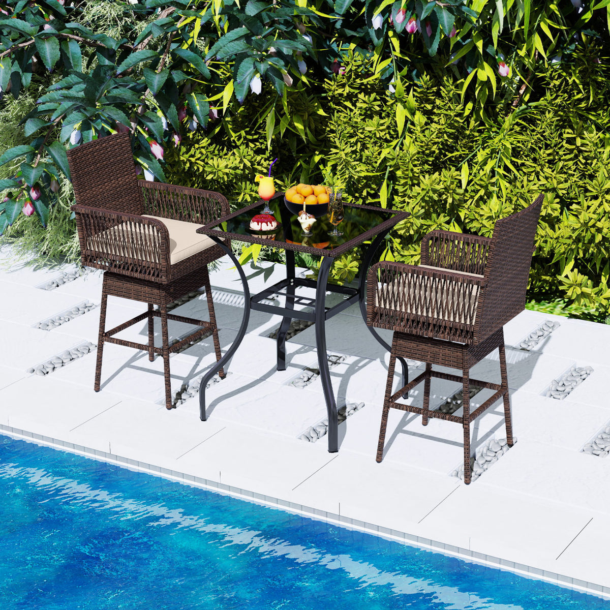 29â Bar Height Patio 360° Swivel Bar Stool with Cross-Woven Armrests Footrest and Seat Cushion