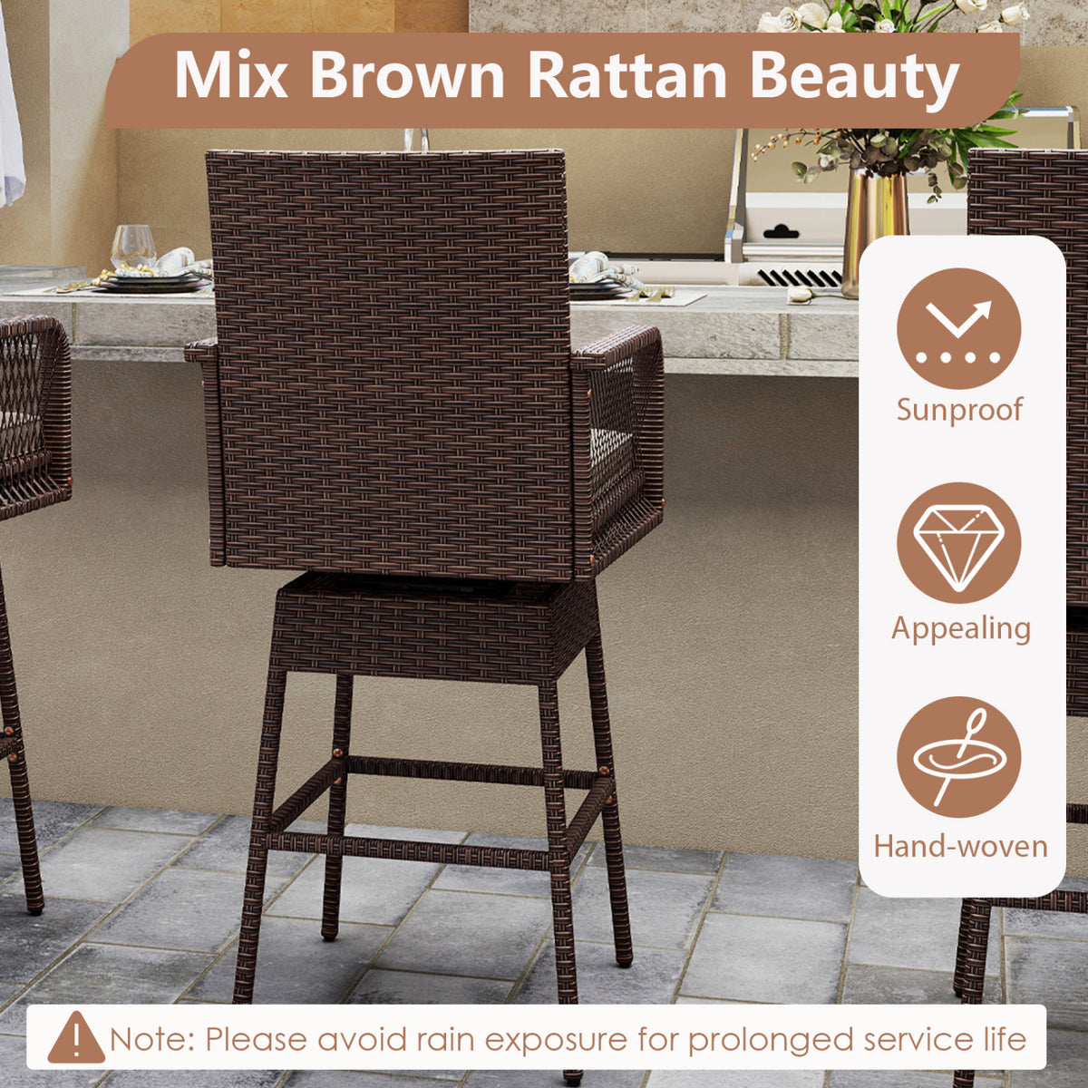 29â Bar Height Patio 360° Swivel Bar Stool with Cross-Woven Armrests Footrest and Seat Cushion