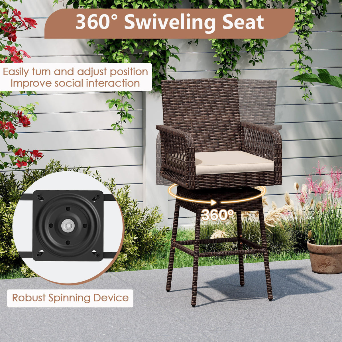 29â Bar Height Patio 360° Swivel Bar Stool with Cross-Woven Armrests Footrest and Seat Cushion