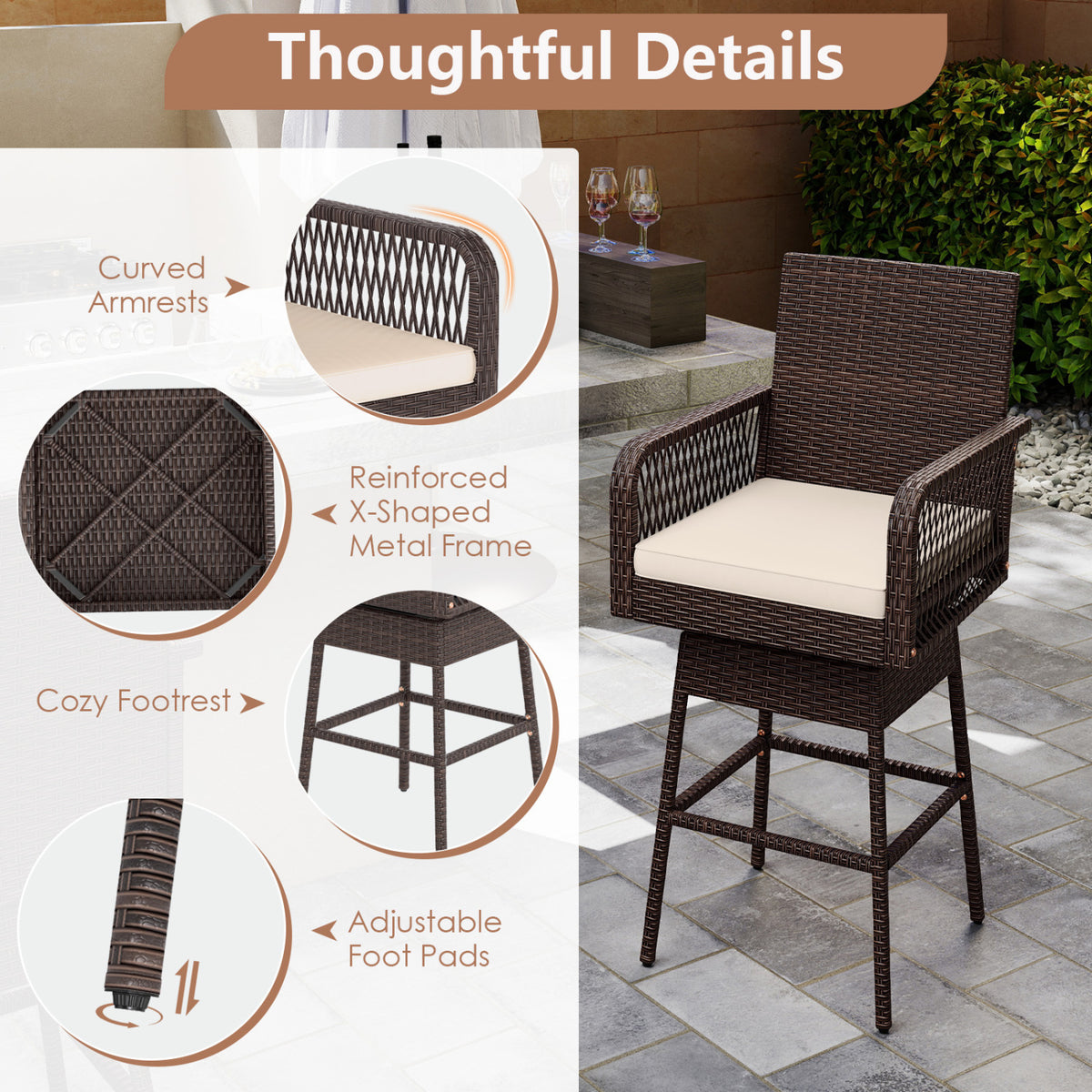 29â Bar Height Patio 360° Swivel Bar Stool with Cross-Woven Armrests Footrest and Seat Cushion