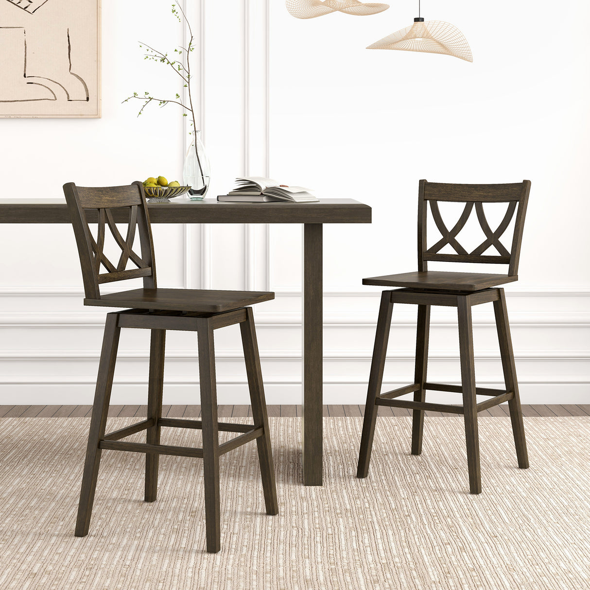 24/29 Inch Bar Stool Set of 2 Wooden Bar Chairs with Rubber Wood Frame