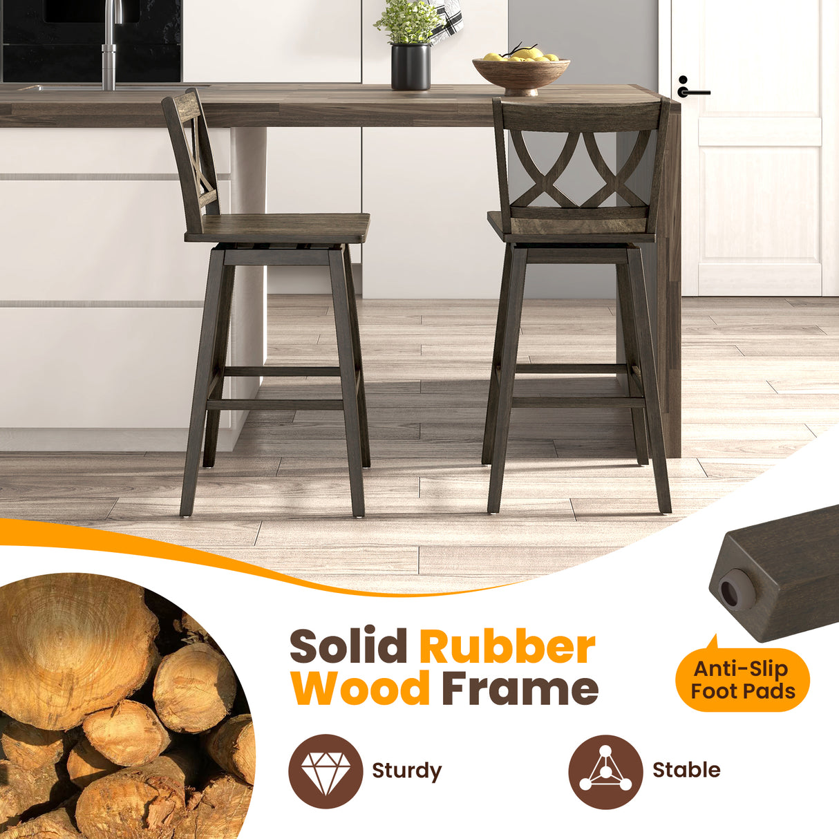 24/29 Inch Bar Stool Set of 2 Wooden Bar Chairs with Rubber Wood Frame