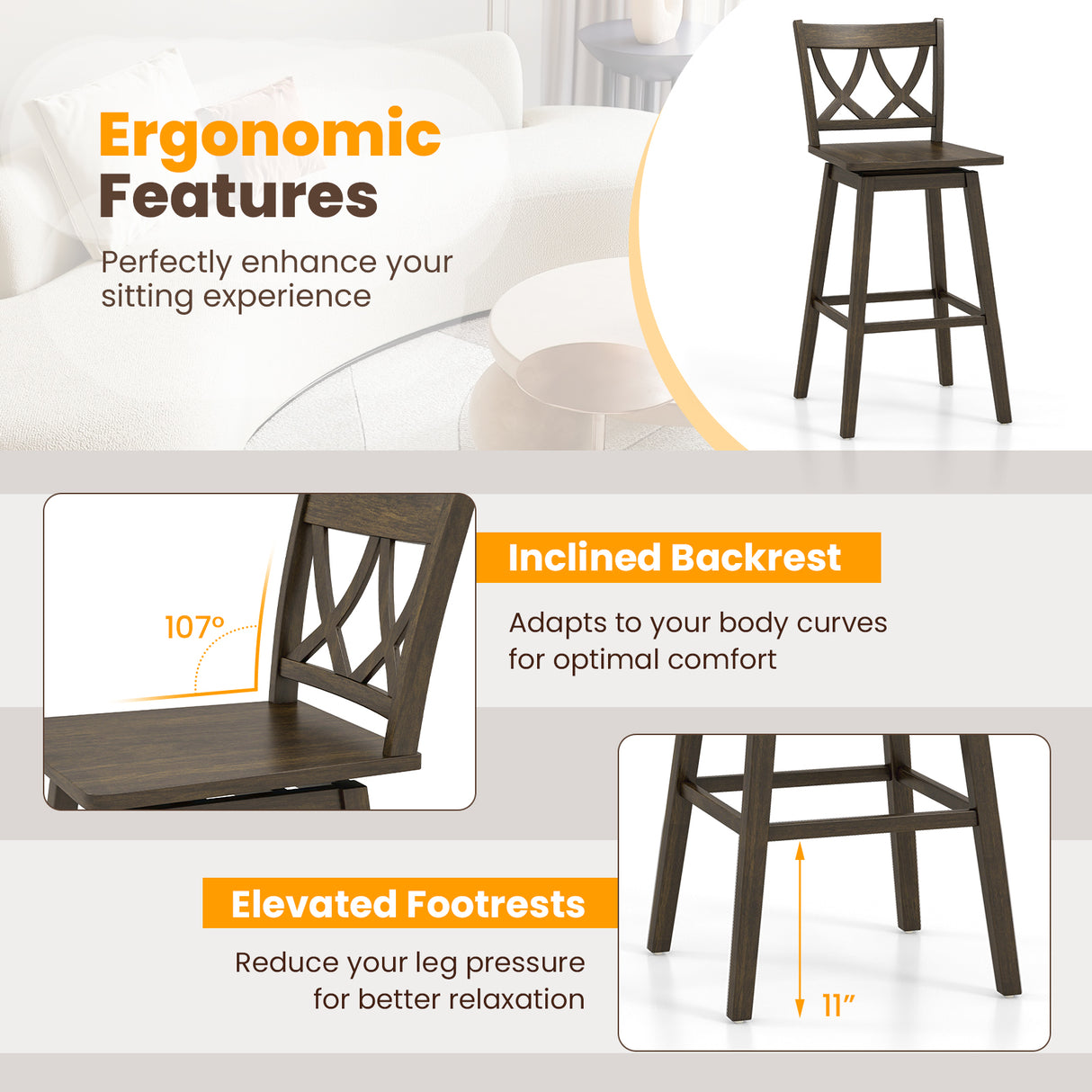 24/29 Inch Bar Stool Set of 2 Wooden Bar Chairs with Rubber Wood Frame