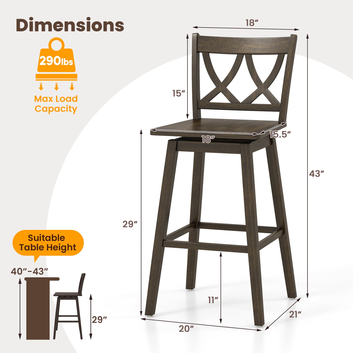 24/29 Inch Bar Stool Set of 2 Wooden Bar Chairs with Rubber Wood Frame