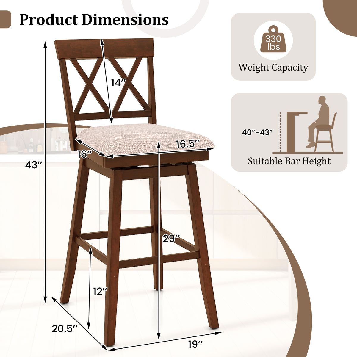 Counter Height Barstools with Backrest and Upholstered Seat Cushion for Kitchen Dining Room-24/Room-29 Inch