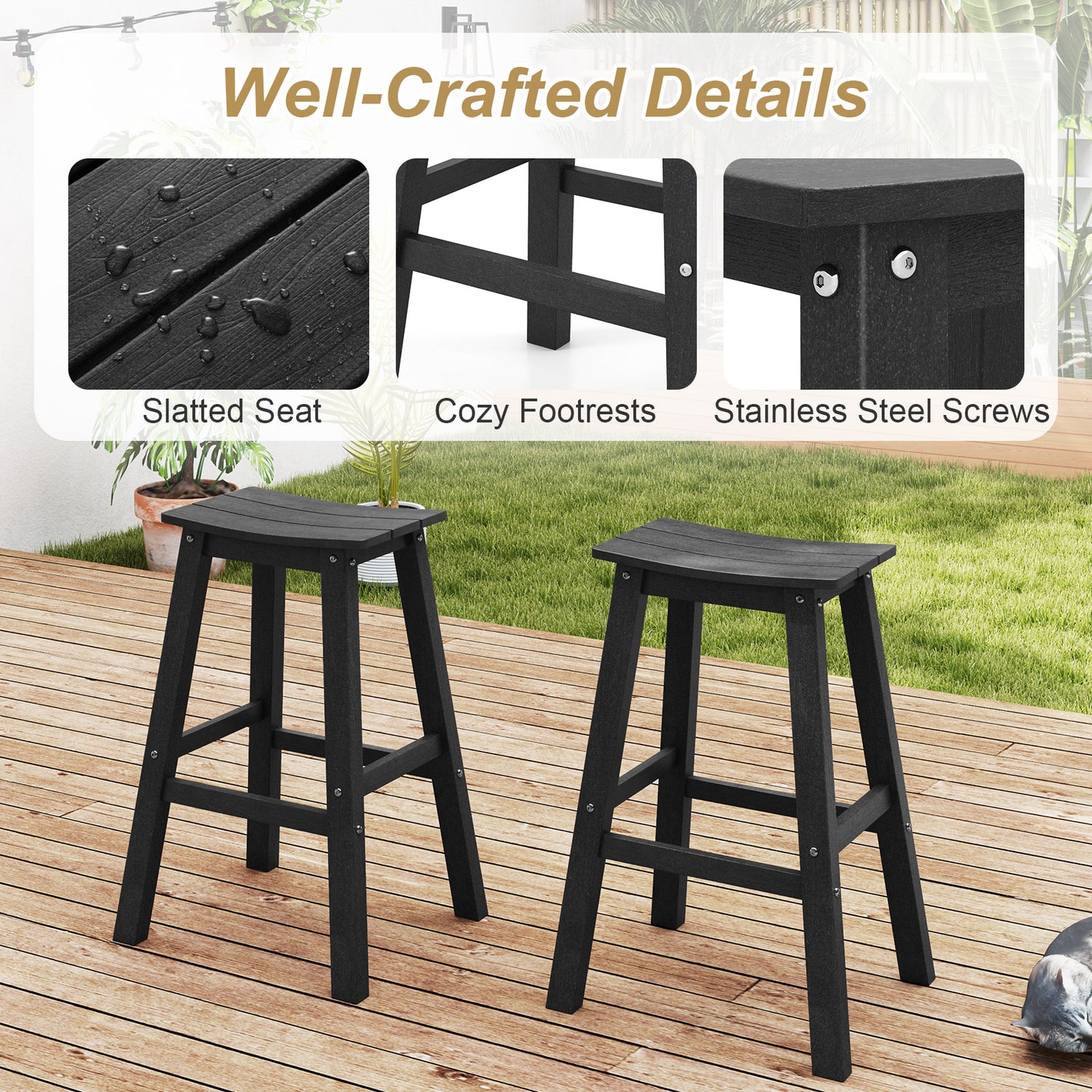 29 Inch HDPE Patio Bar Stool Set of 2 Armless Saddle Stools