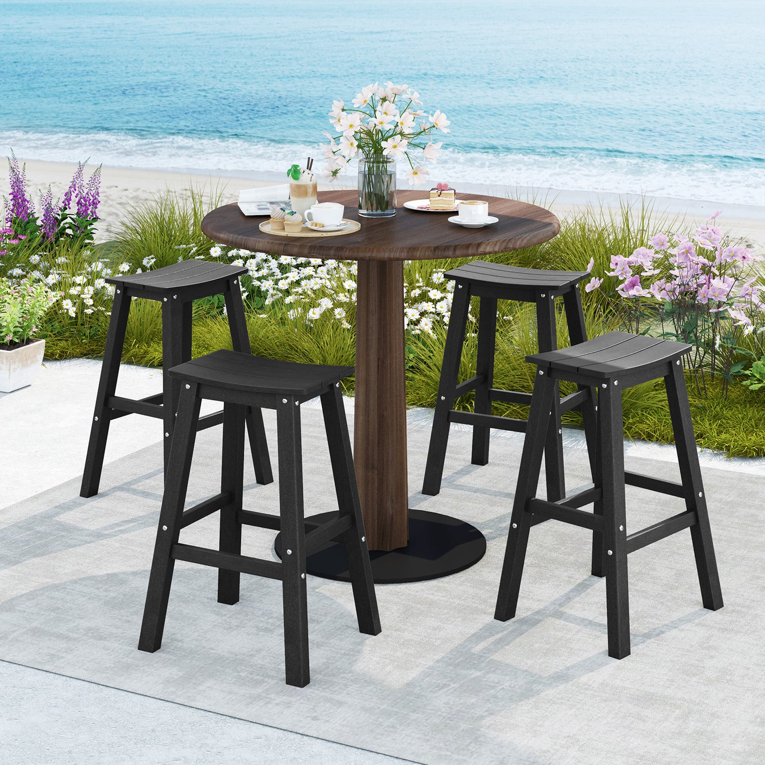 29 Inch HDPE Patio Bar Stool Set of 2 Armless Saddle Stools