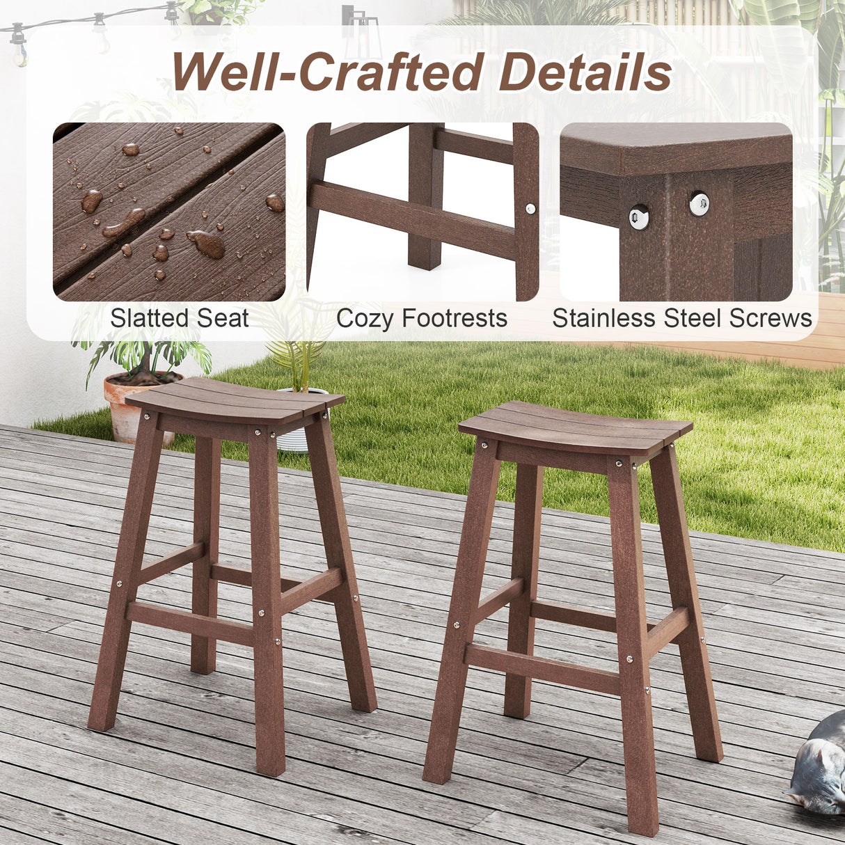 29 Inch HDPE Patio Bar Stool Set of 2 Armless Saddle Stools