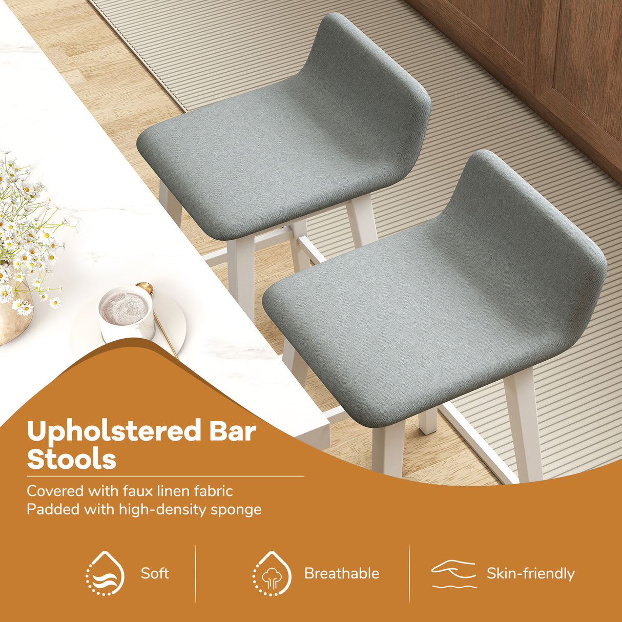 29 Inch Low-Back High-Top Chairs with Padded Seat and Rubber Wood Legs