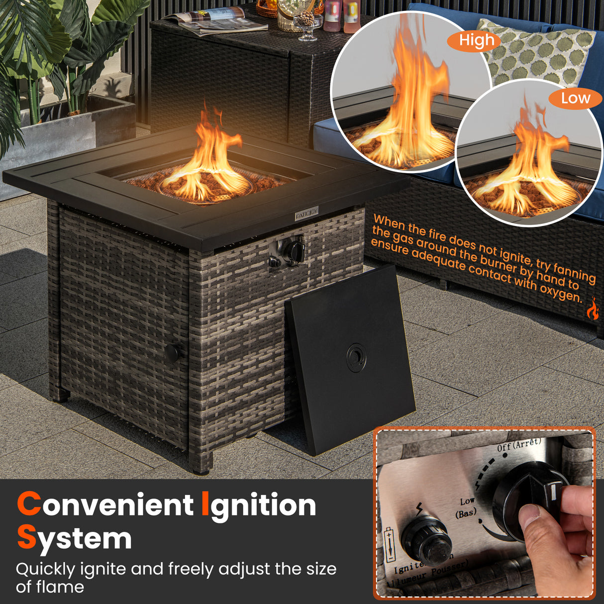 29 Inch Propane Rattan Firepit Table with Lava Rocks and Protective Cover-Gray