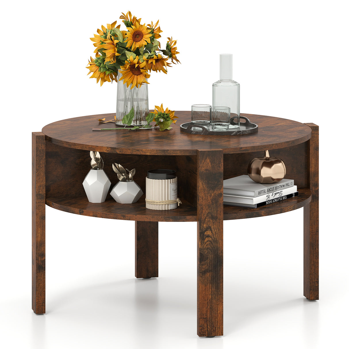 29.5 Inch Round Coffee Table with Storage Shelves for Small Space