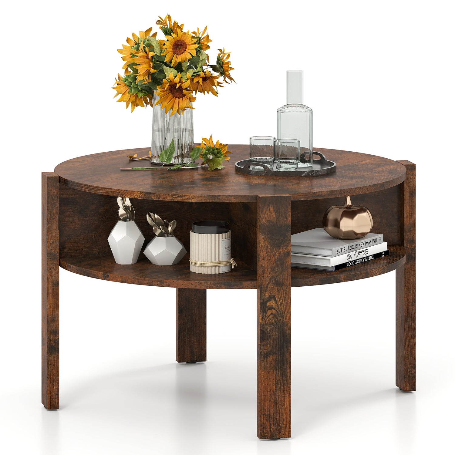 29.5 Inch Round Coffee Table with Storage Shelves for Small Space