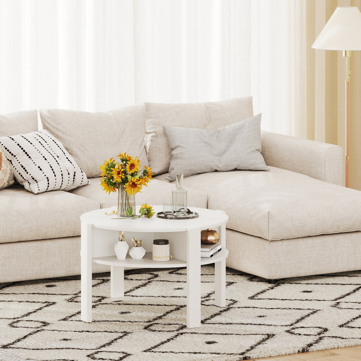 29.5 Inch Round Coffee Table with Storage Shelves for Small Space