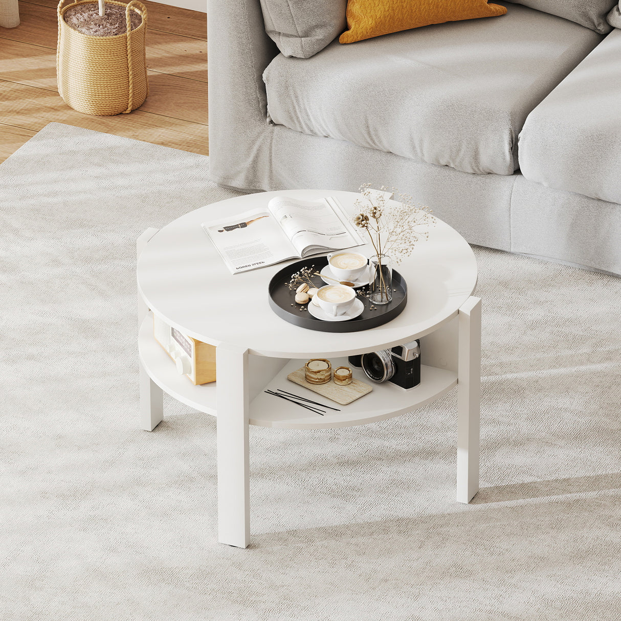 29.5 Inch Round Coffee Table with Storage Shelves for Small Space