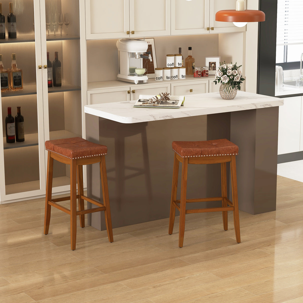 25/29 Inch Set of 2 Upholstered PU Leather Bar Stools with Saddle Seat